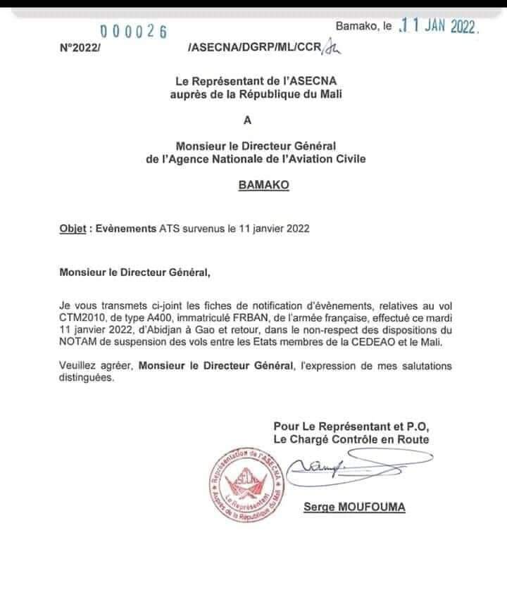 Un avion français a refusé aujourd’hui de respecter l’interdiction de survol du territoire malien. Il a quitté Abidjan pour Gao. Quelques temps après le même avion a été aperçu lorsqu’il rejoignait Abidjan.