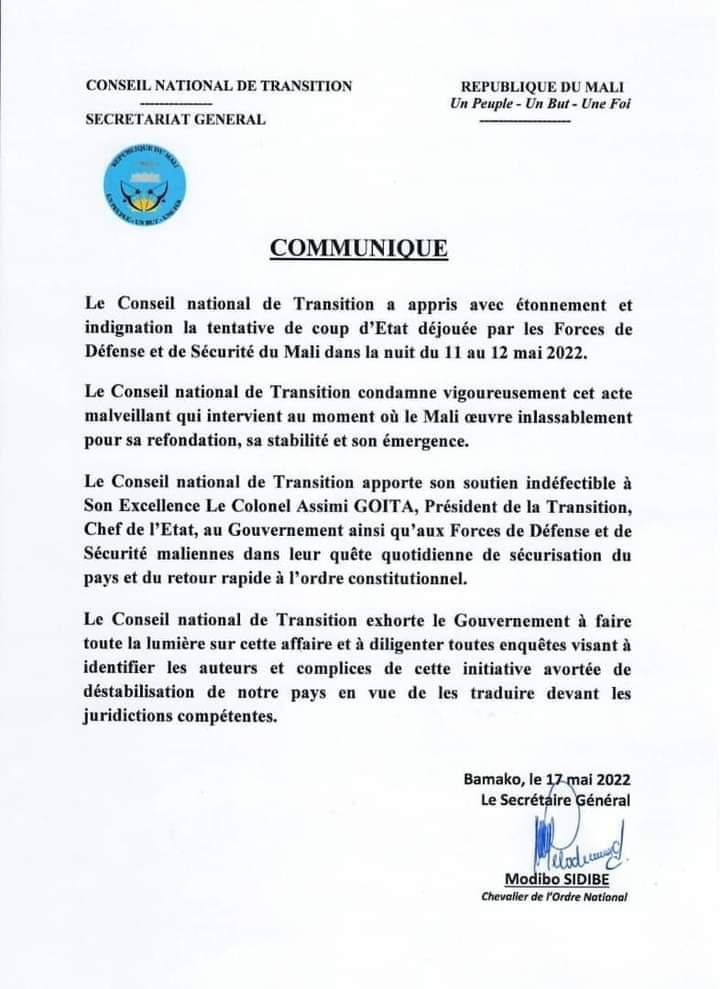 Communiqué du Conseil National de Transition #CNT relative à la tentative de Coup d’État déjouée par nos Forces de Défense et de Sécurité dans la nuit du 11 au 12 mai 2022