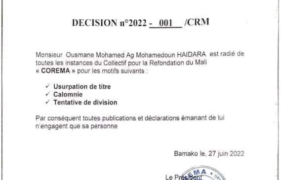 Communiqué du collectif pour la refondation du Mali “COREMA ” relatif à des agissements manipulateurs prônant la dissolution du COREMA.