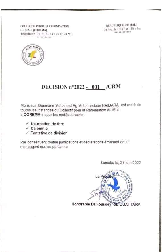 Communiqué du collectif pour la refondation du Mali “COREMA ” relatif à des agissements manipulateurs prônant la dissolution du COREMA.