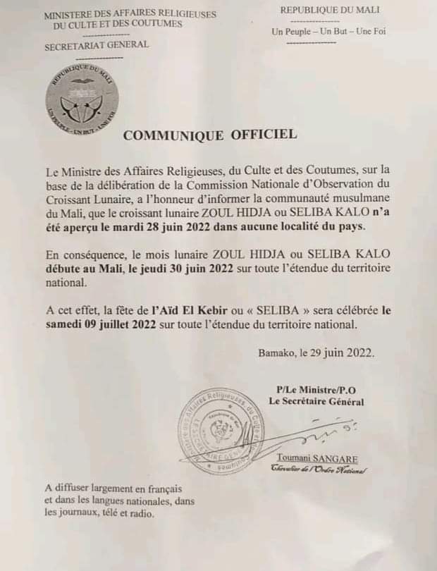 Mali: La Fête de Tabaski sera célébrée le 09 Juillet 2022 sur toute l’étendue du territoire national.