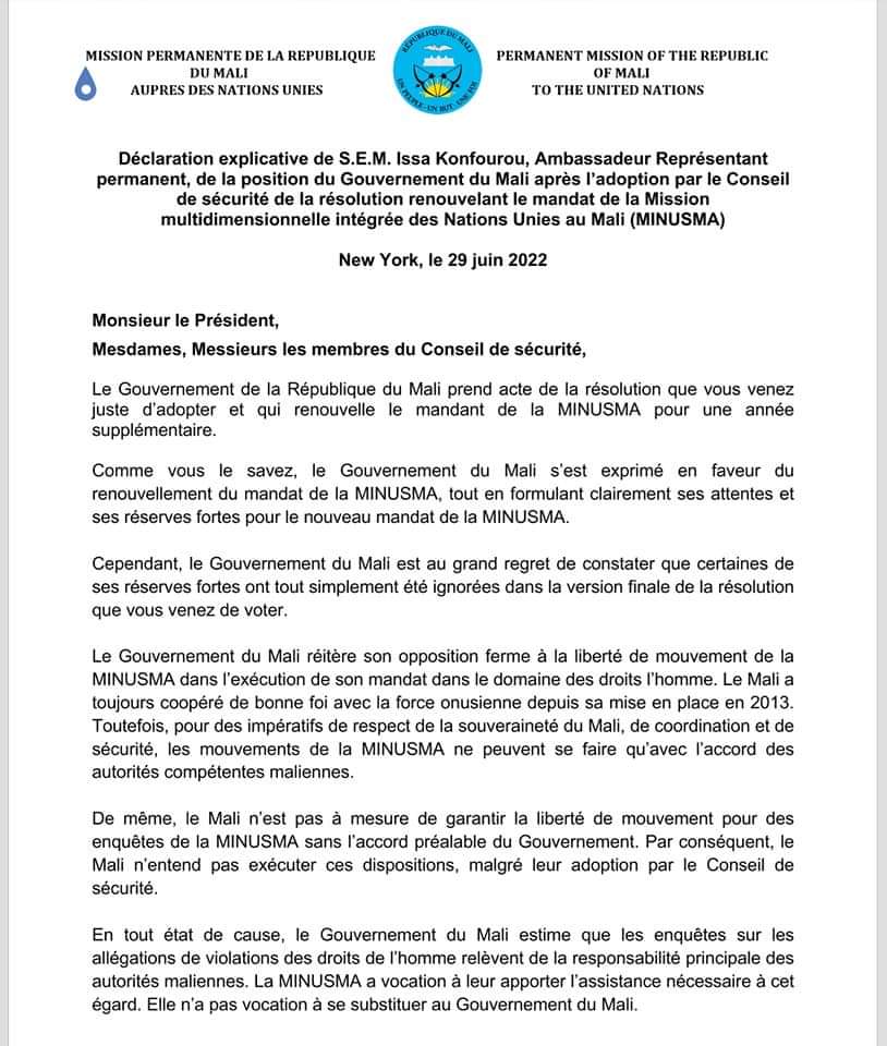 Adoption de la resolution renouvelant le mandat de la MINUSMA. 13 voix pour, deux absentions Russie et Chine.<br>Fortes réserves du Mali: Voir déclaration du Représentant permanent du Mali à l’ONU.