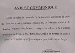 Mali: Les candidats admis à la fonction publique de l’État sont convoqués mardi 02 août 2022 à 06 heures 00 dans la cour l’ex SNJ à djicoroni para pour le départ de Ségou