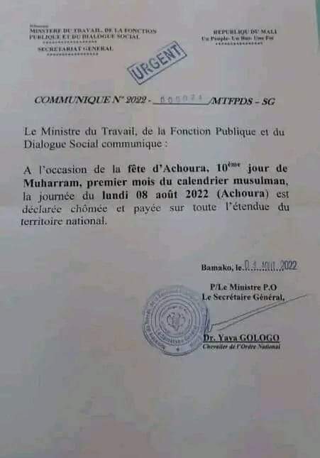 #Mali #religion : La journée du lundi 8 août 2022 (Achoura), est déclarée chômée et payée sur toute l’étendue du territoire national