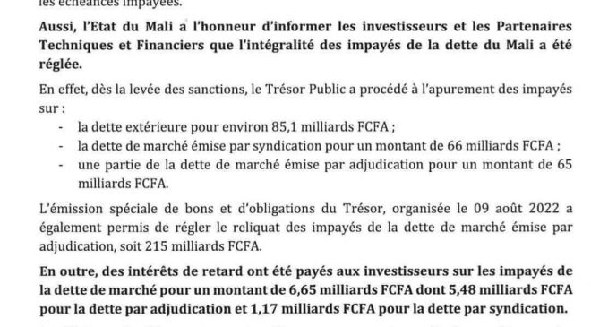 Avis du ministère de l’Economie et des Finances de la République du Mali aux Investisseurs et aux Partenaires Techniques et Financiers.