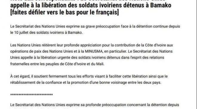 Le Secrétariat des Nations Unies soutient les efforts visant à faciliter la libération des soldats ivoiriens détenus à Bamako