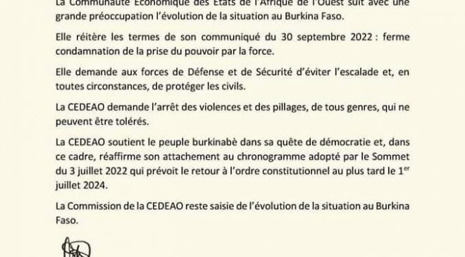 2ème COMMUNIQUE DE LA COMMISSION DE LA CEDEAO SUR LA SITUATION AU BURKINA FASO