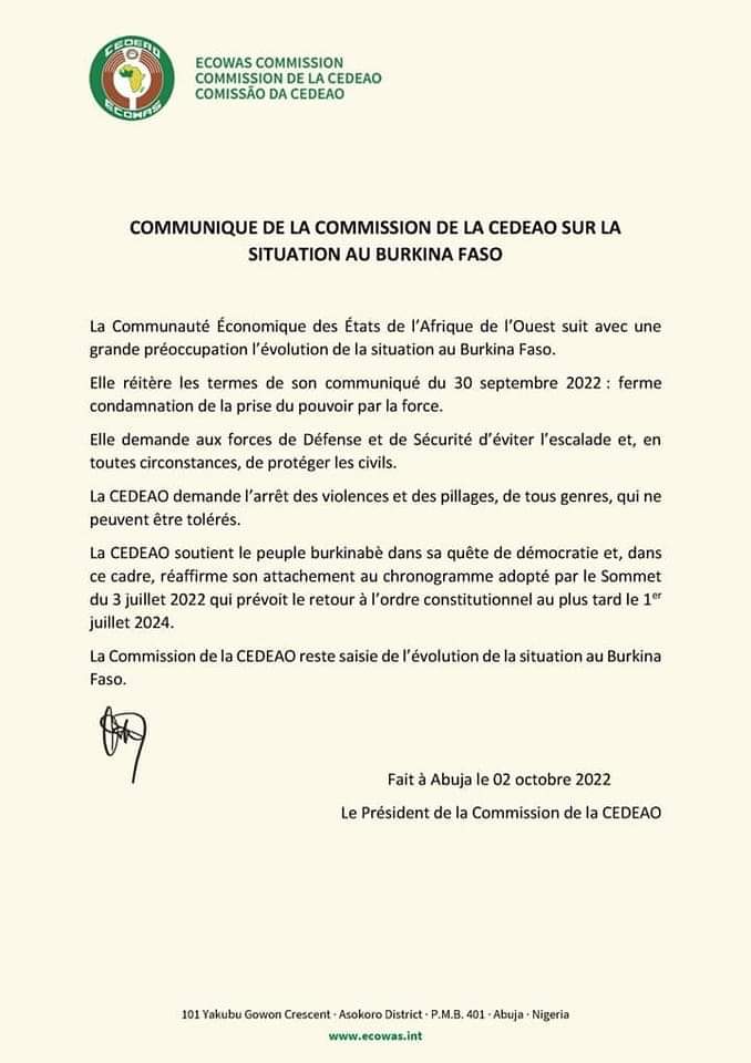 2ème COMMUNIQUE DE LA COMMISSION DE LA CEDEAO SUR LA SITUATION AU BURKINA FASO