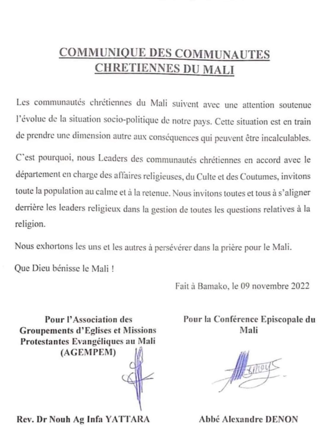Urgent: COMMUNIQUE DES COMMUNAUTES<br>CHRETIENNES DU MALI.