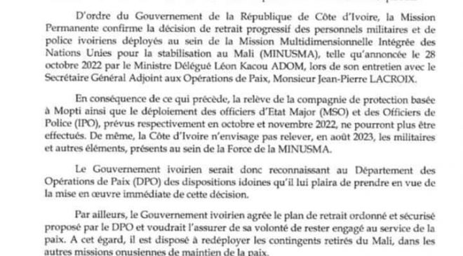 OFFICIEL : Abidjan annonce le retrait progressif de son contingent au sein des casques bleus de la MINUSMA. Il intervient après celui de l’Allemagne, Grande Bretagne, Égypte.
