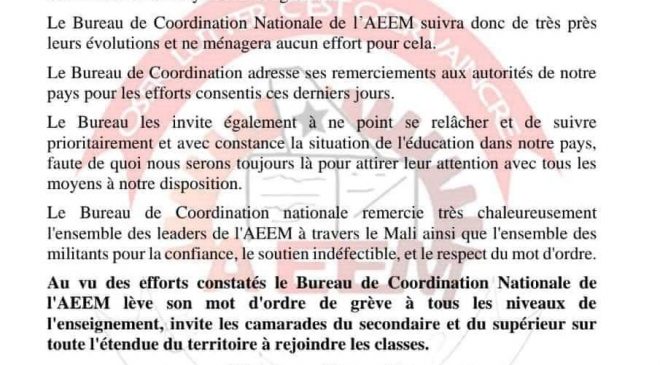 Mali – Ecole : #AEEM lève son mot d’ordre de grève à tous les niveaux de l’enseignement, et elle invite les élèves et étudiants à regagner les classes dès demain lundi 28 novembre 2022 sur l’ensemble du territoire national.
